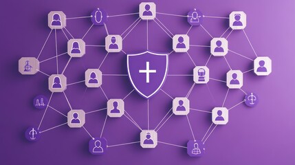 Network security concept, purple background, interconnected users, shield protection.