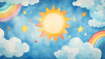 Watercolor illustration featuring a cartoon weather theme with a seamless pattern of a cloudy sky sun rainbow and stars. Parhelion. Illustration