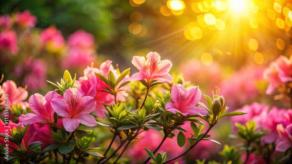 Poster stunning backlight illuminating vibrant azalea flowers in a soft bokeh setting with a dreamy atmosph