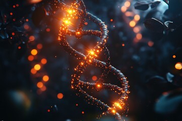 3D model, DNA molecule, atom structure, glowing helix, dark background, cyberpunk style, futuristic technology