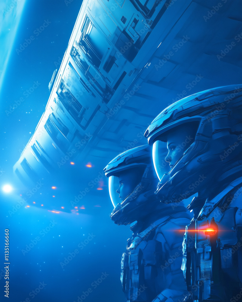 Poster astronauts observing a distant spaceship in deep space