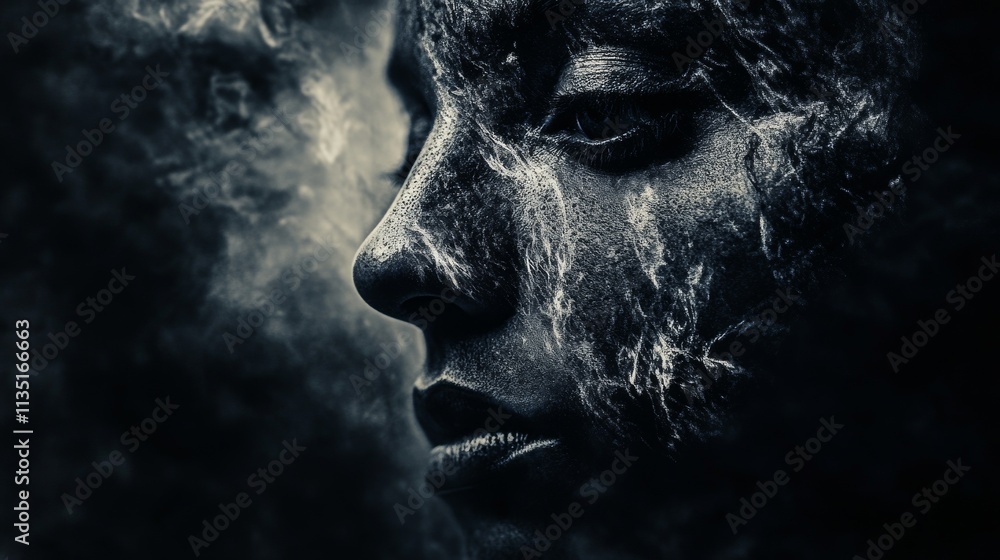 Poster a dark and moody abstract portrait of a woman enveloped in rough smoky textures. the interplay of sh