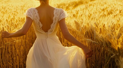 Woman in White Dress in Golden Wheat Field at Sunset