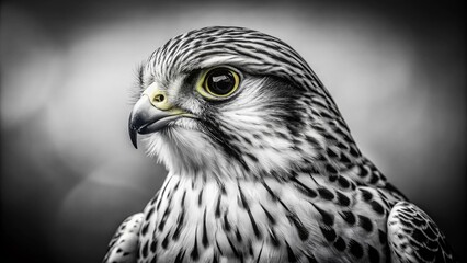 Obraz premium Stunning Black and White Product Photography of a Kestrel Falcon Showcasing Its Majestic Features in a Retro Style for Nature and Wildlife Enthusiasts