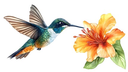 Fototapeta premium Vibrant Hummingbird Approaching Exotic Flower in Stunning Watercolor Style, Capturing Nature's Beauty with Delicate Details and Vivid Colors in Artistic Composition