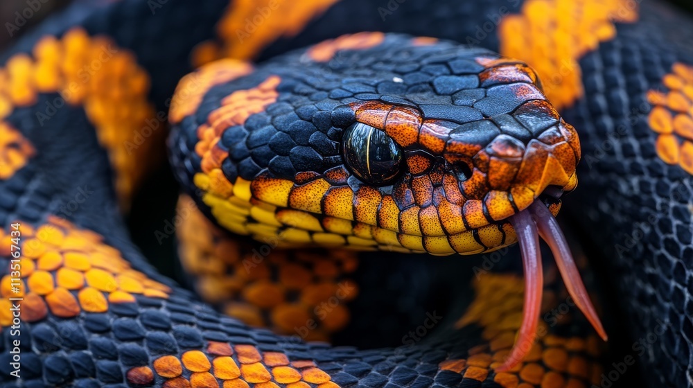 Poster a striking close-up of a colorful black and orange patterned snake. the intricate texture of its sca