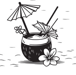 Summer tropic coconut cocktail. Exotic fruit hawaiian drink hand drawn art. Cool doodle vector illustration isolated white background. Trendy line art for coloring book, t-shirt print, logo design
