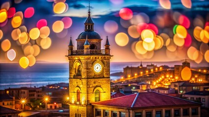 Stunning Bokeh Effect of the Iconic Clock Tower in Gij&oacute;n, Asturias, Capturing the Charm of Historic Architecture Against a Softly Blurred Background