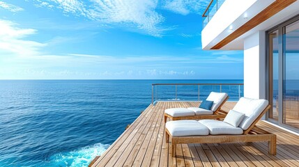 Fototapeta premium A serene ocean view from a modern deck with lounge chairs for relaxation.