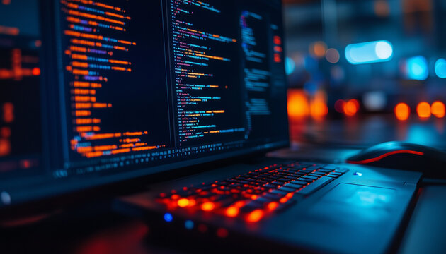 closeup of code on a monitor and keyboard and mouse