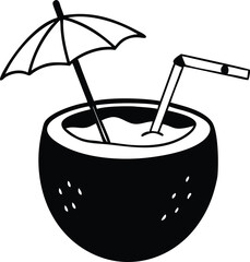 Summer tropic coconut cocktail. Exotic fruit hawaiian drink hand drawn art. Cool doodle vector illustration isolated white background. Trendy line art for coloring book, t-shirt print, logo design