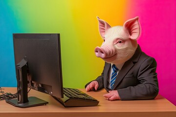 pig. in a business suit. at his desk in the office he looks at the computer. on an isolated multi-colored bright background. 