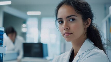 Fototapeta premium Focused Female Scientist in a Modern Lab Setting
