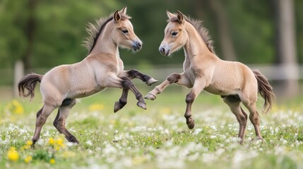 Two cute dun colored Konik foals playing, legs hang around the neck, they are part of a free-range herd of the Polish primitive horse breed live in nature reserve De Rug, Roosteren, Netherlands