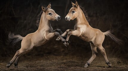 Naklejka premium Two cute dun colored Konik foals playing, legs hang around the neck, they are part of a free-range herd of the Polish primitive horse breed live in nature reserve De Rug, Roosteren, Netherlands