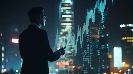 Businessman Analyzing Data in a Futuristic Cityscape