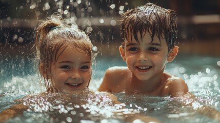 Obraz premium Two young children are playing in a pool, smiling and enjoying themselves