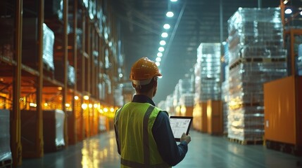 Warehouse worker using digital tablet for inventory management