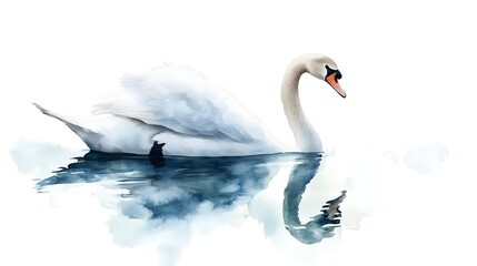 Fototapeta premium Beautiful White Swan Swimming Gracefully in a Tranquil Lake with Reflection, Elegant Bird Art with Soft Colors and Gentle Waves Capturing Serenity in Nature