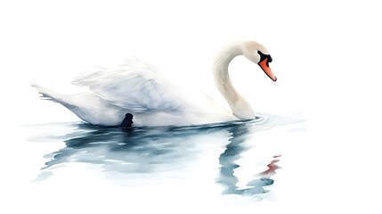 Fototapeta premium Elegant White Swan Swimming Gracefully on Calm Water with Reflections, Showcasing Natural Beauty and Serenity in a Peaceful Aquatic Environment