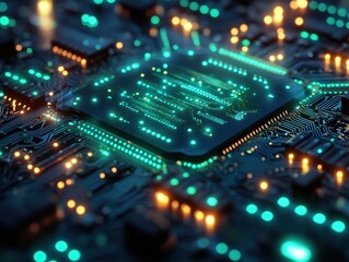 Obraz premium Close-up of Illuminated Microchip Circuit Board with Glowing Teal and Amber LEDs - High-Tech Technology Background