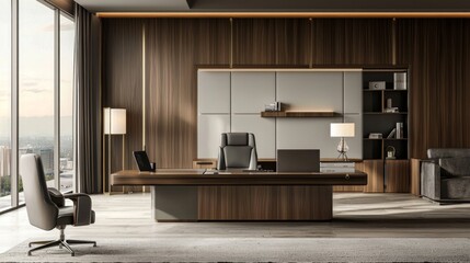 Executive Office Design: A Modern Luxury Workspace with Exquisite Wooden Furniture