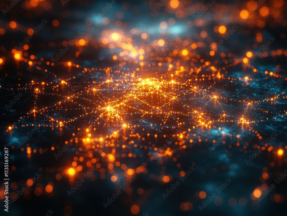 Poster abstract network connections glowing orange and blue nodes representing global data flow and digital