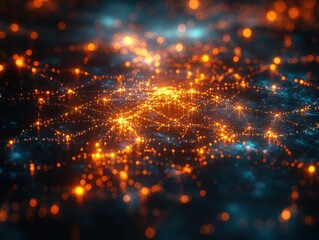 Fototapeta premium Abstract Network Connections Glowing Orange and Blue Nodes Representing Global Data Flow and Digital Technology