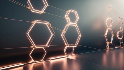 Illuminated hexagonal shapes connected by glowing lines reflected on a smooth surface, creating a modern technological ambiance.