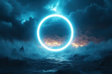 Fototapeta premium Abstract 3D render, glowing neon ring, storm cloud, dark sky, high contrast, vibrant colors, detailed textures