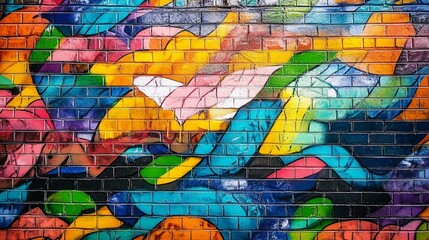 Obraz premium Vibrant Urban Art: A Colorful Graffiti Adorned Brick Wall Ideal for Backgrounds in Creative Projects or Street Culture Promotions