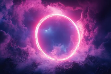 Abstract 3D render, glowing neon ring, storm cloud, dark sky, high contrast, vibrant colors, detailed textures
