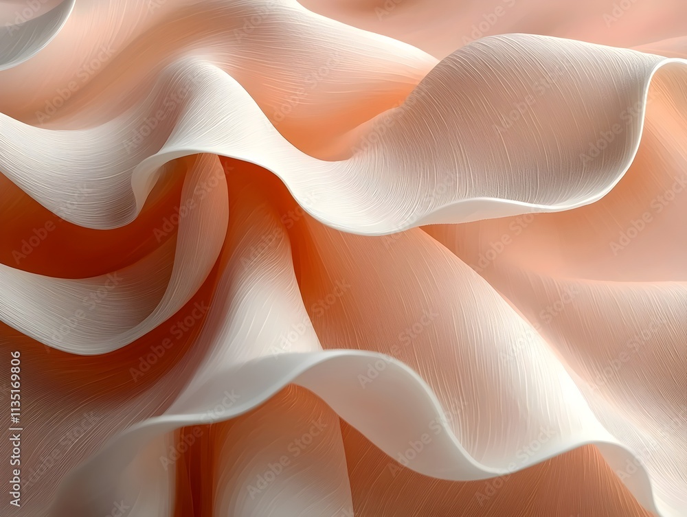 Poster an abstract close-up of delicate fabric, featuring soft curves and flowing layers in a blend of peac