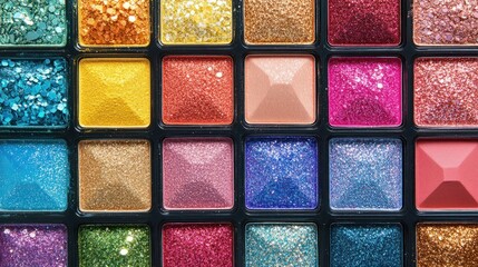 Vibrant and colorful makeup palettes featuring glitter and shimmer options elegantly arranged in a flat lay presentation