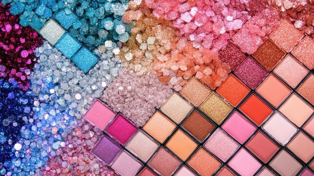Vibrant and colorful makeup palettes featuring glitter and shimmer options elegantly arranged in a flat lay presentation