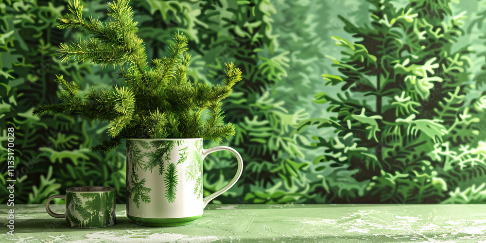 Poster pine sprig in mug with matching smaller mug and forest print background