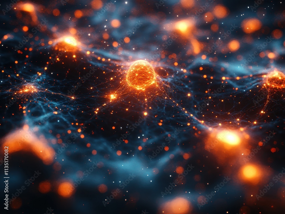 Poster abstract cosmic network with glowing orbs and connecting lines on dark blue background.