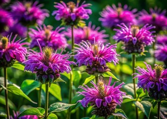 Obraz premium Stunning Documentary Photography of Vibrant Purple Bee Balm Flowers in a Natural Pattern Showcasing the Beauty of Nature’s Flora and Fauna in a Lush Garden Setting