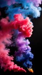 Fototapeta premium Vibrant smoke swirls in pink, purple, blue, and yellow against a black background, creating a dynamic and colorful explosion.