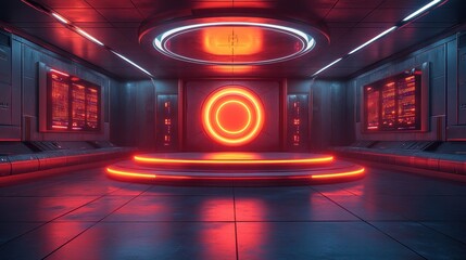 Futuristic Sci-Fi Interior with Glowing Red Neon Lights and Control Panels