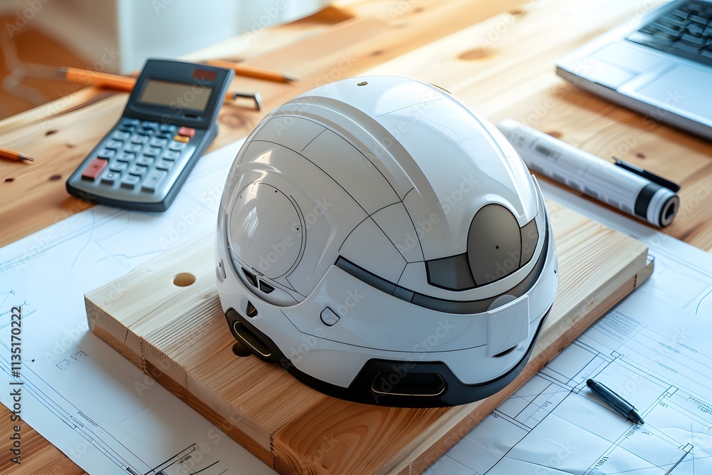 Poster futuristic helmet design on a workspace with tools and blueprints