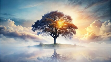 Stunning Double Exposure of a Lonely Tree Silhouette Highlighted Against an Isolated White Background, Perfect for Nature Lovers and Minimalist Aesthetics