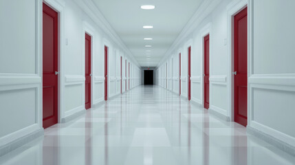 Fototapeta premium Dimly Lit White Hospital Corridor with Red Doors