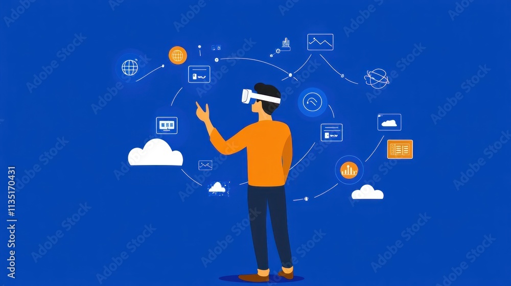 Poster man using vr headset interacts with digital data and cloud computing.
