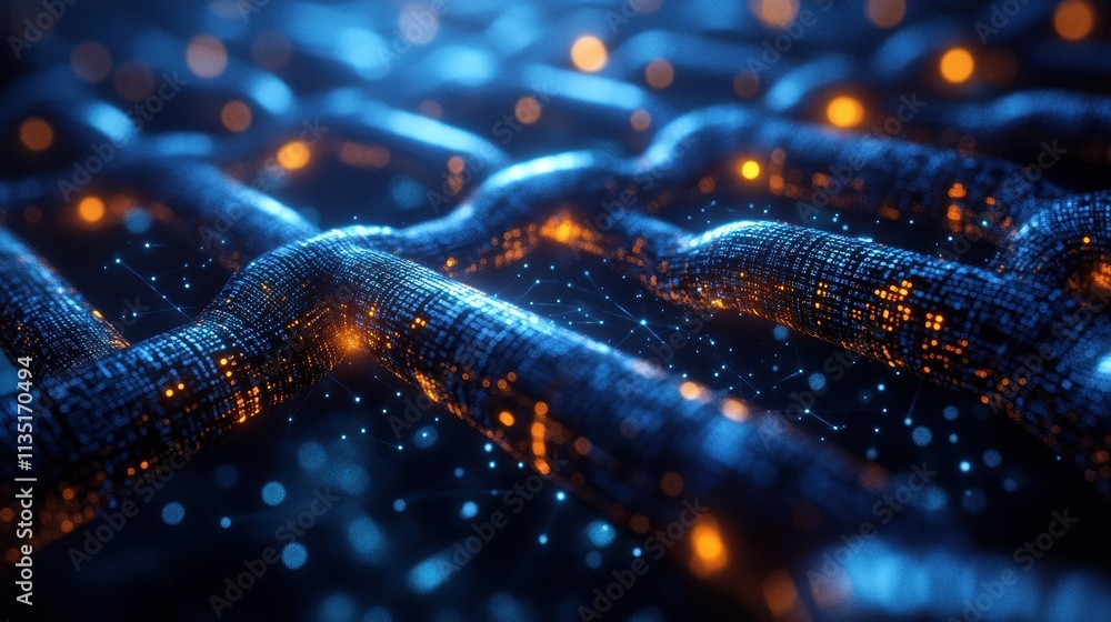 Poster abstract digital network connection blue and orange glowing data stream with interconnected lines.