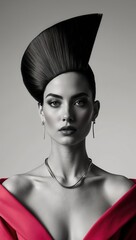 Bold black and white portrait showcasing dramatic hairstyle, striking makeup, and elegant red ensemble, exuding confidence and modern fashion vibes.