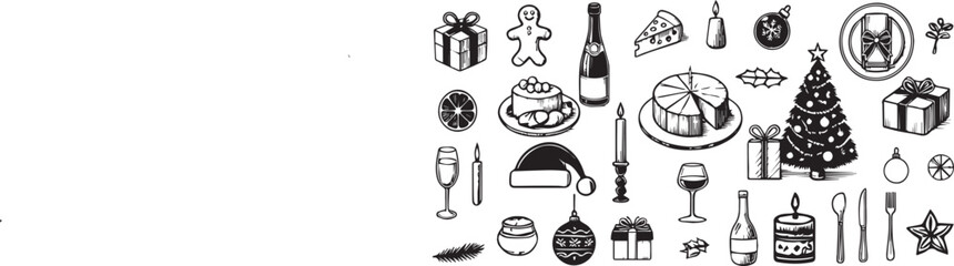 Retro vintage new year sketch set. Doodle line art contemporary minimalist prints. Christmas dinner table decor pine tree, food, wine or champagne. Hand drawn ink holiday menu elements collection 