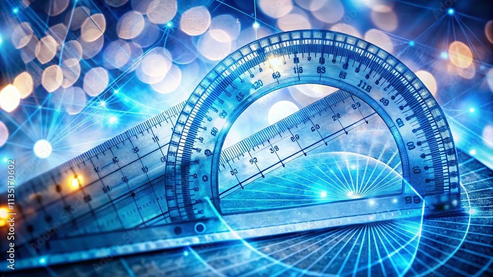 Poster stunning double exposure photography of a blue plastic protractor ruler blending with abstract shape