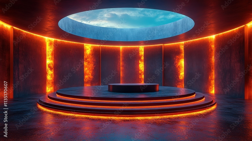 Poster abstract circular platform with orange neon lights, futuristic architecture, product display, 3d ren
