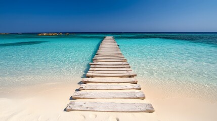 Fototapeta premium A serene wooden pier extends into crystal-clear turquoise waters, framed by soft sandy beaches and a bright blue sky, Ideal for travel, relaxation, or nature-themed projects,
